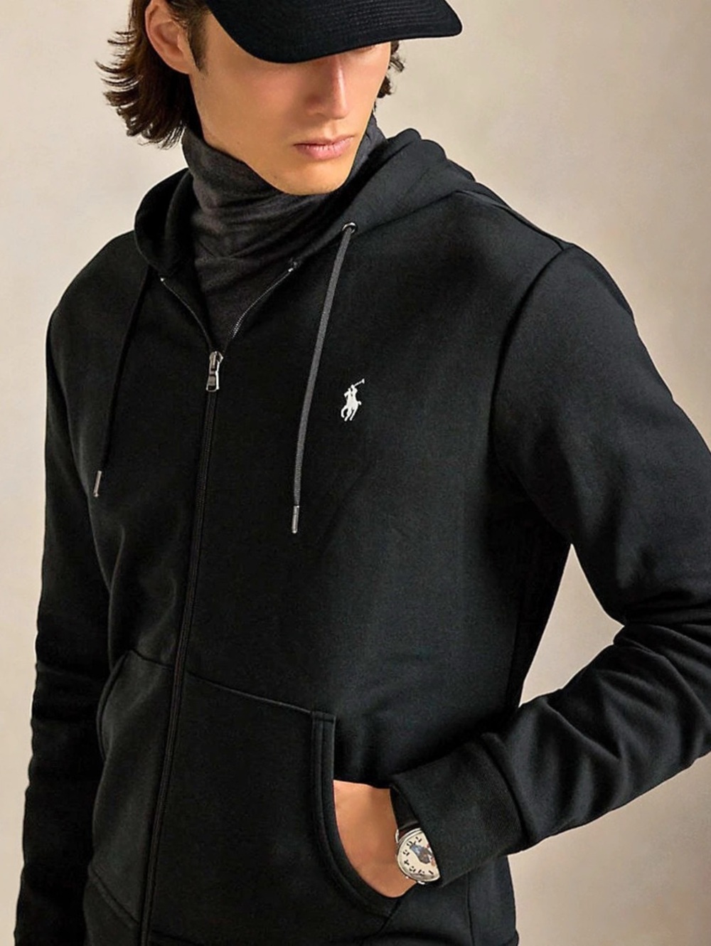 Polo Ralph Lauren Men’s Double Knit Full‑Zip Hoodie – Black, Size Medium